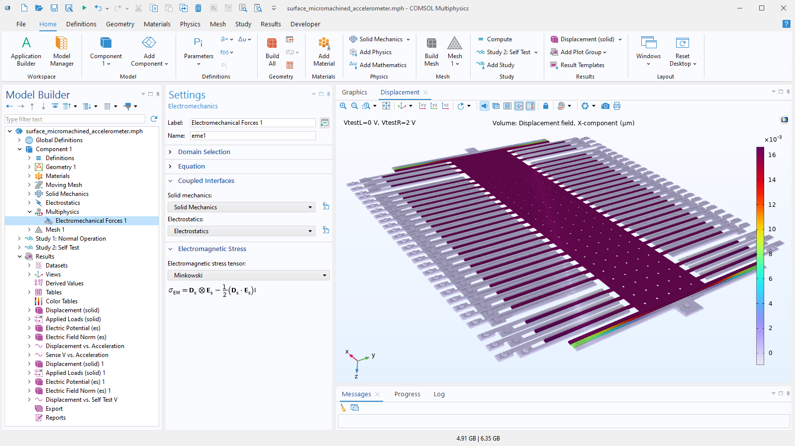 The COMSOL Multiphysics UI showing the Model Builder with the Electromechanical Forces node highlighted, the corresponding Settings window, and a micromachined accelerometer model in the Graphics window.